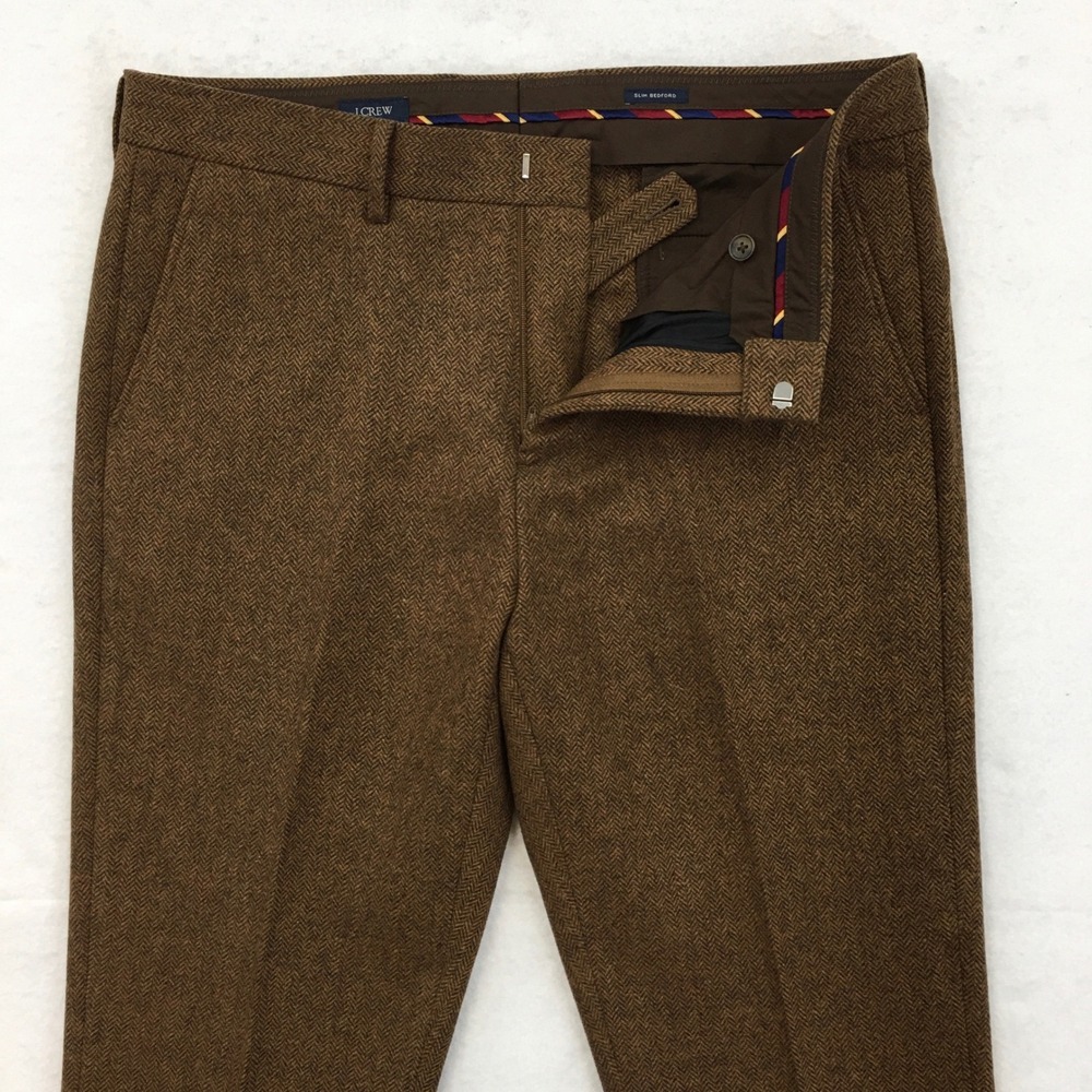 J.Crew Slim Bedford Herringbone Tweed Wool Dress Pants Brown Mens 34x30